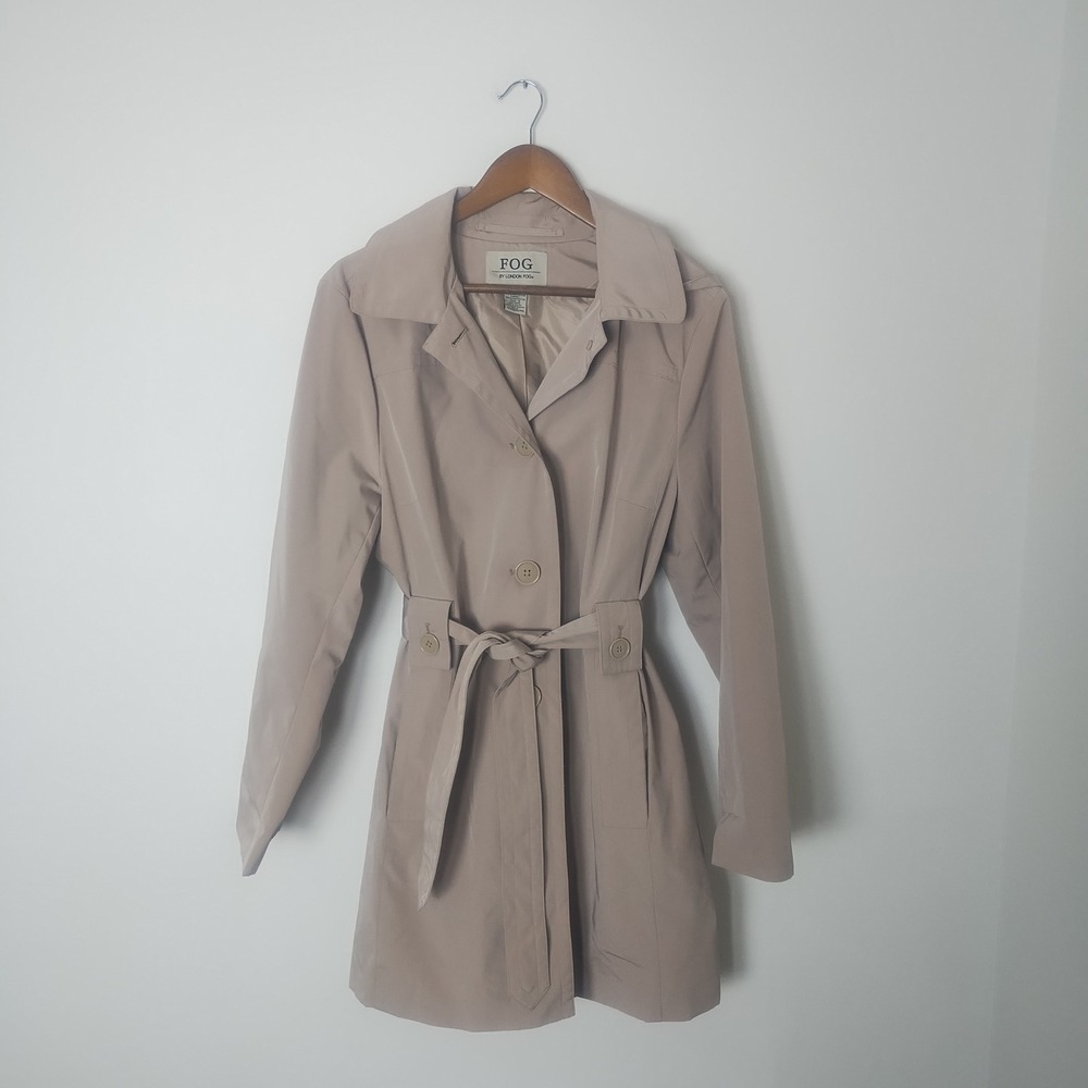 Fog by London Fog Trench Coat Women's Large Beige Hooded Belted Classic Utility